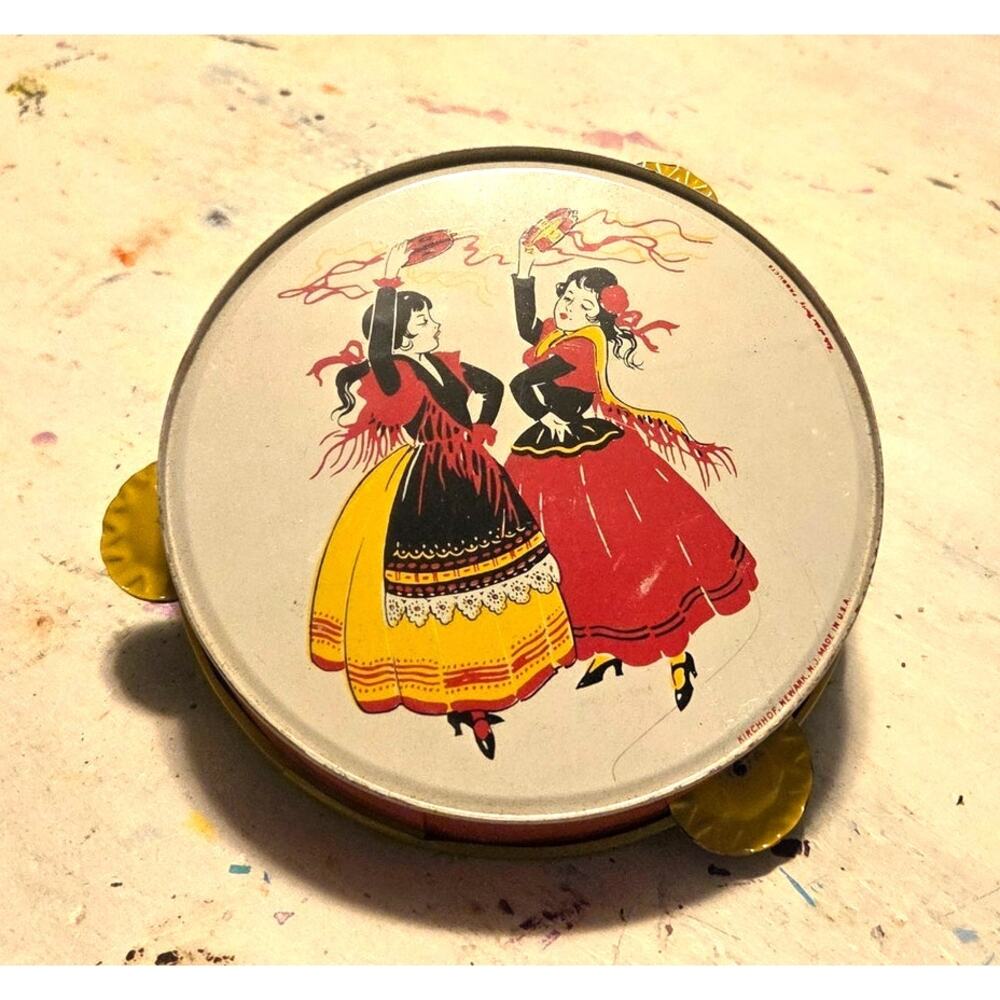 Vintage Kirchhof Tambourine Musical Toy Metal Flamenco Dancers 1950's